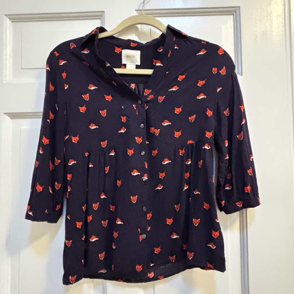 Maeve Anthropologie Fox Blouse 2P Navy Orange whimsical